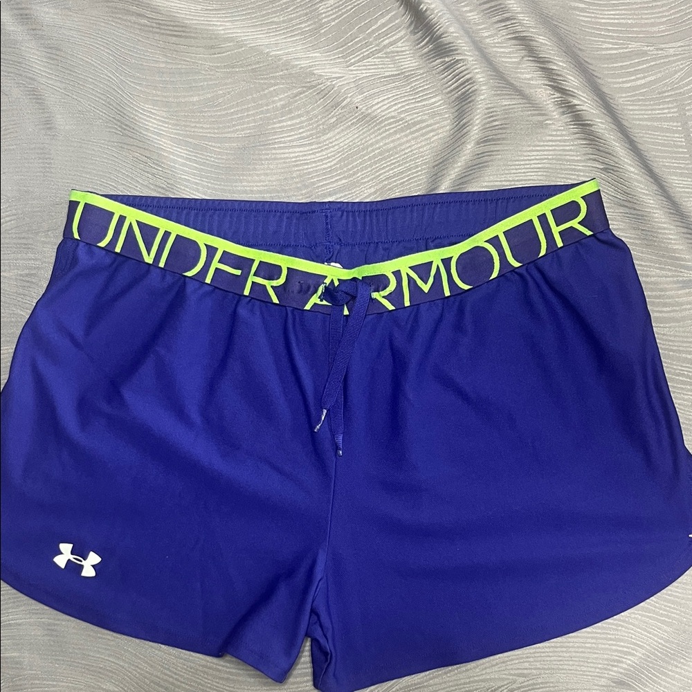 Under Armour Women's Athletic Shorts in Blue with Lime Green Waistband
